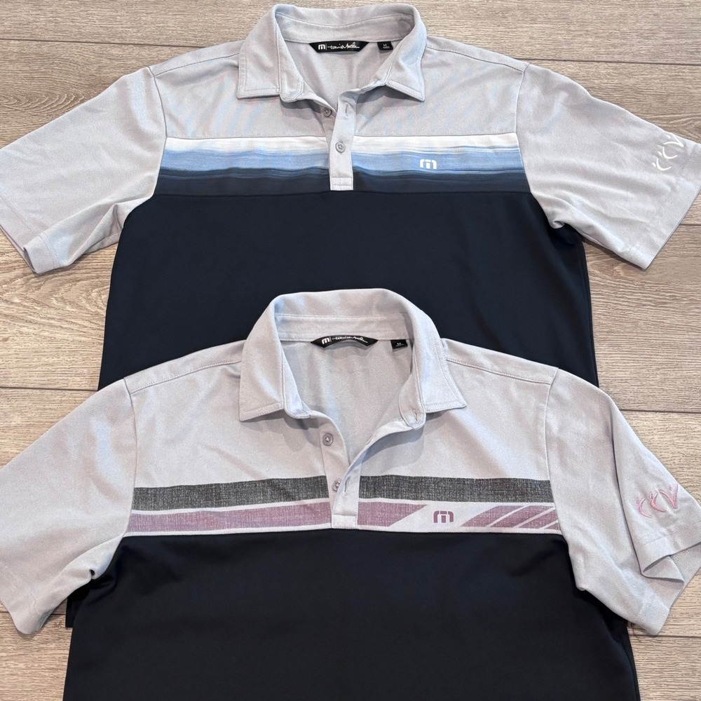 Travis Mathew Polo Shirt Mens M Black Grey Striped Golf Athletic Preppy Casual